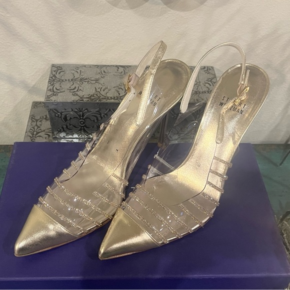 New Stuart Weitzman Slingback Gold Heels w/ Crystals (Size 8M) - Picture 5 of 16